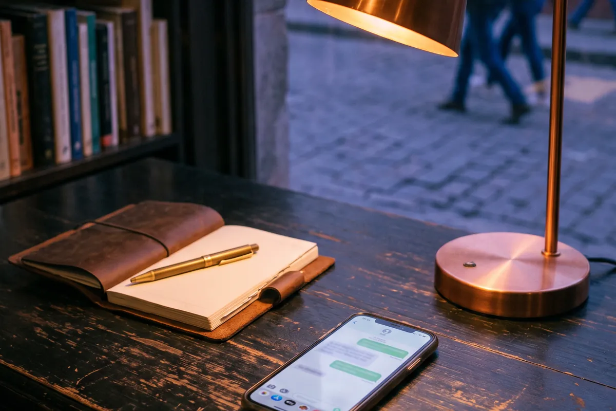 Teléfono con una conversación abierta sobre un escritorio