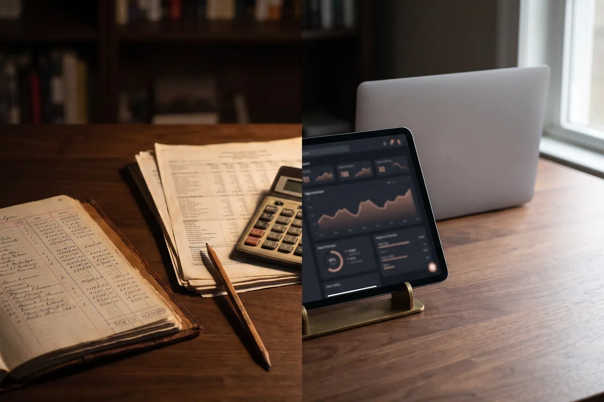 Libro de registros y planillas en papel junto a una tablet con un panel de gestión